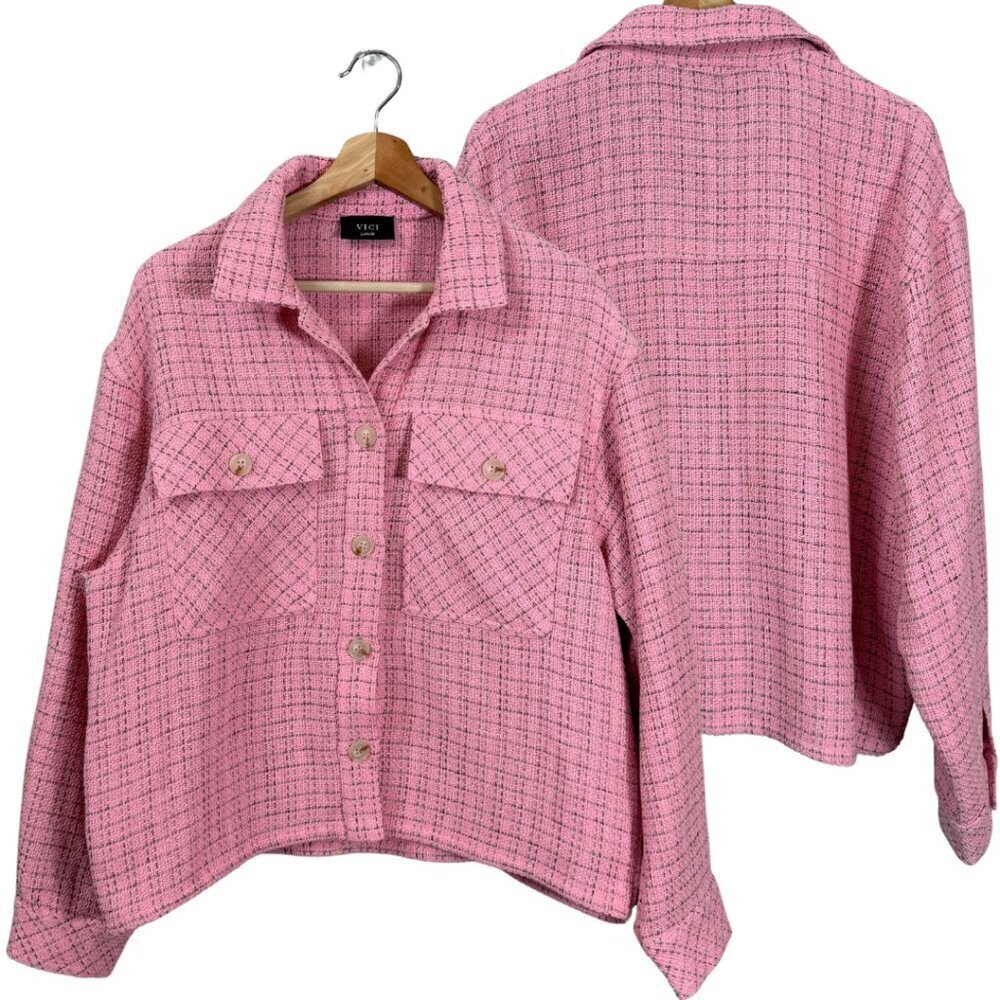 VICI Tweed Plaid Button Up Shirt Jacket Shacket Women's Large Pink Barbie NWOT